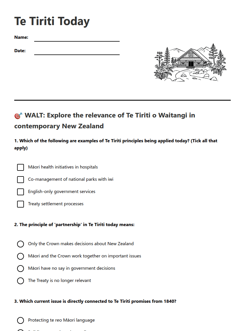 Te Tiriti Today worksheet preview