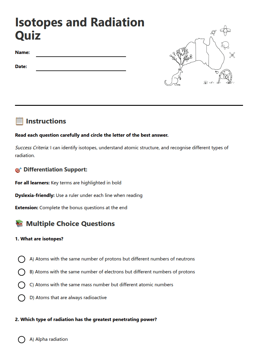 Isotopes and Radiation Quiz worksheet preview