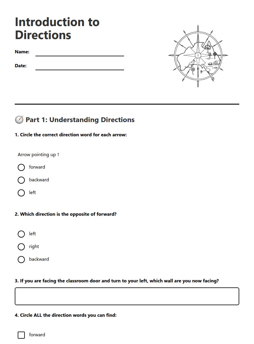 Introduction to Directions worksheet preview