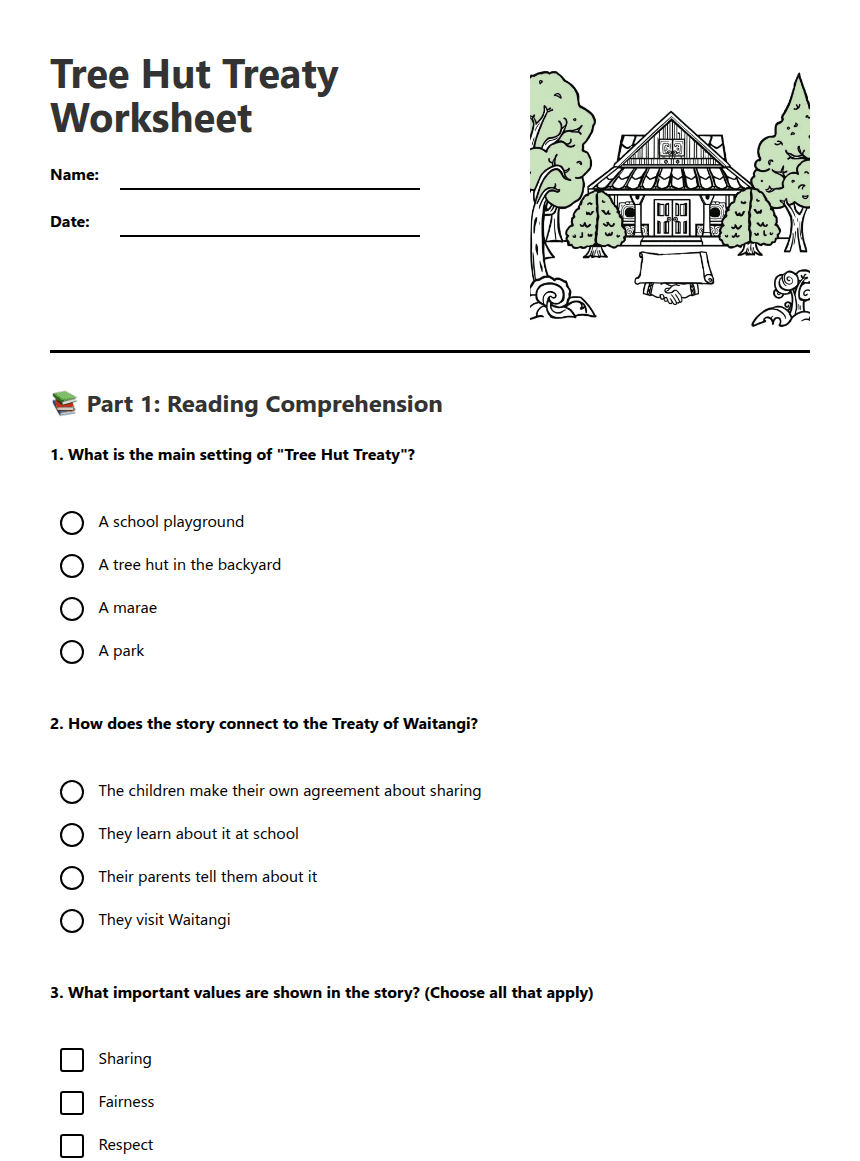 Tree Hut Treaty Worksheet worksheet preview