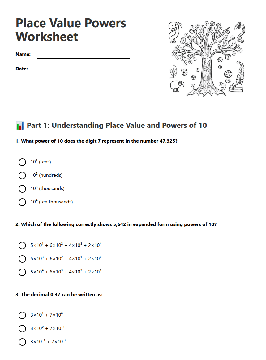 Place Value Powers Worksheet worksheet preview