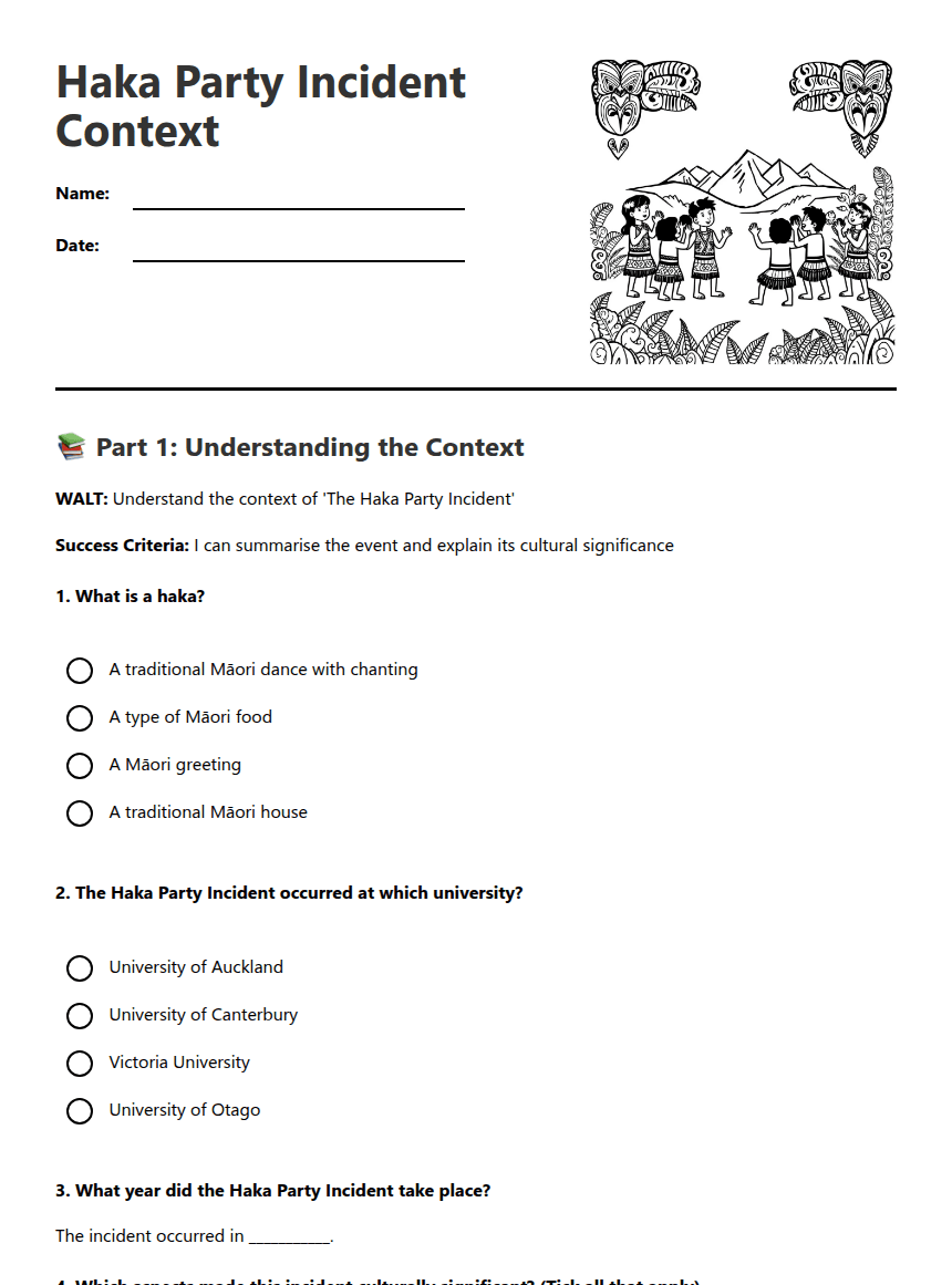 Haka Party Incident Context worksheet preview