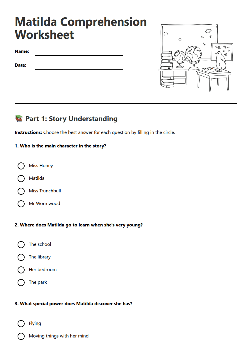 Matilda Comprehension Worksheet worksheet preview