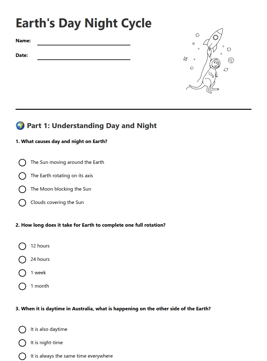 Earth's Day Night Cycle worksheet preview