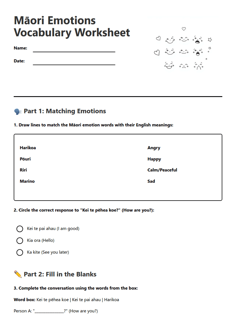 Māori Emotions Vocabulary Worksheet