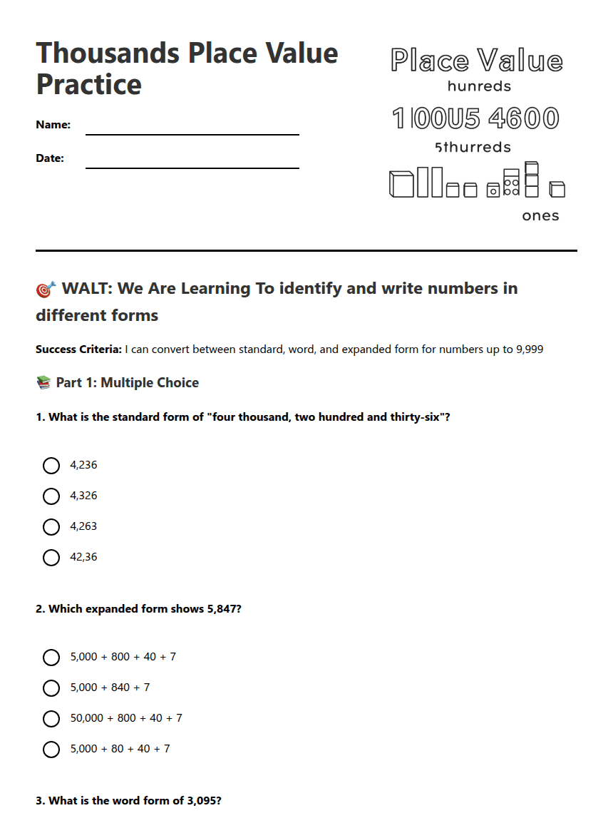Thousands Place Value Practice worksheet preview