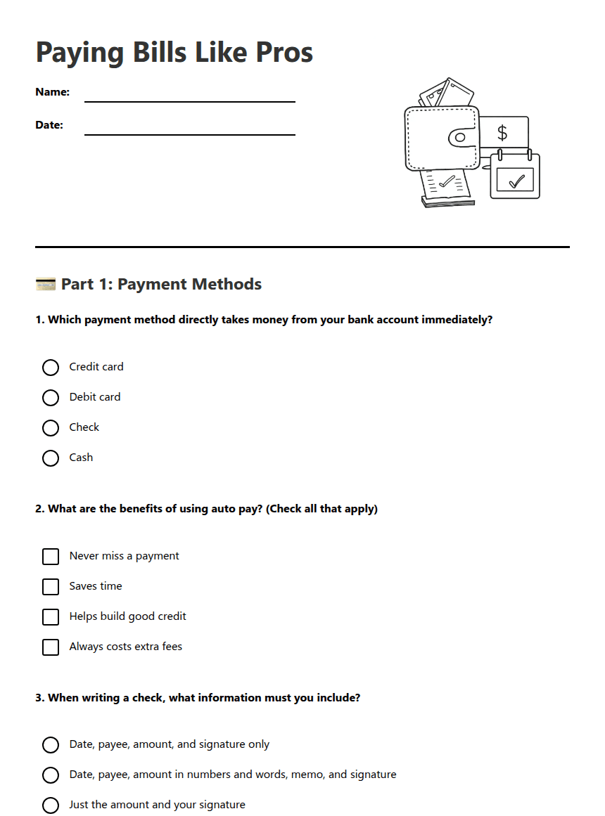 Paying Bills Like Pros worksheet preview