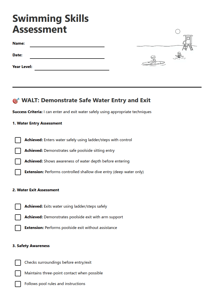 Swimming Skills Assessment worksheet preview