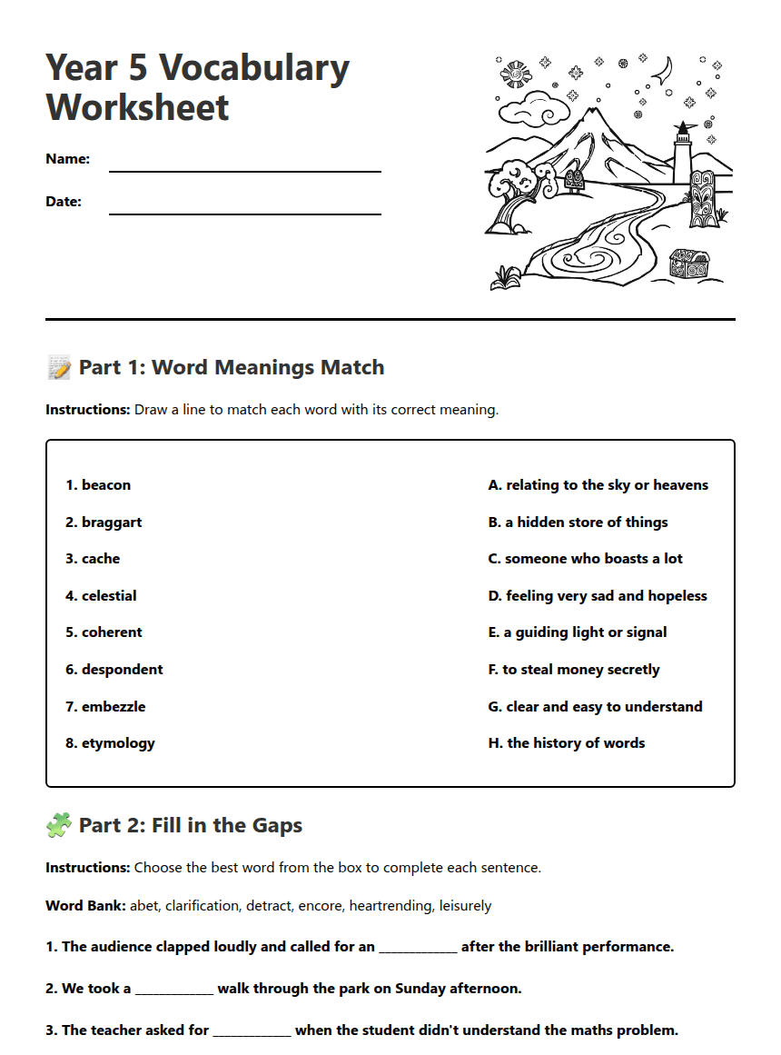 Year 5 Vocabulary Worksheet worksheet preview