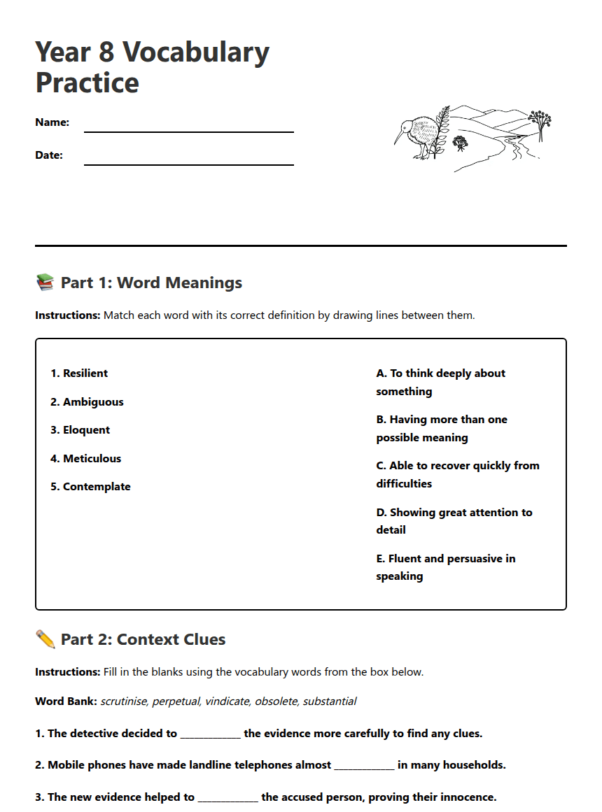 Year 8 Vocabulary Practice worksheet preview