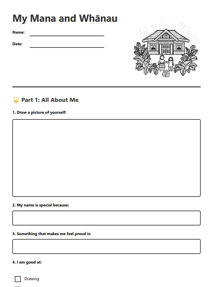 My Mana and Whānau worksheet preview