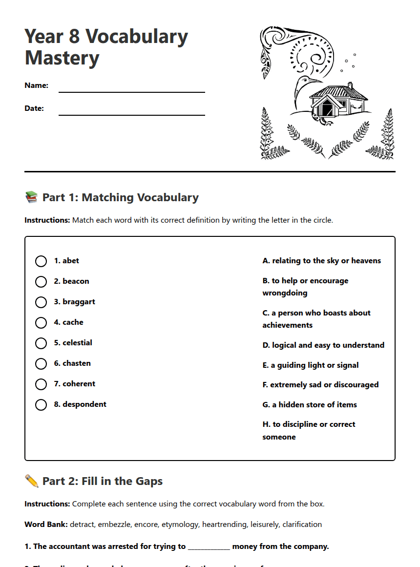 Year 8 Vocabulary Mastery worksheet preview