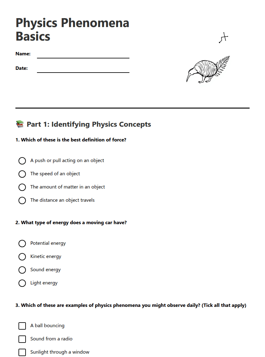 Physics Phenomena Basics worksheet preview