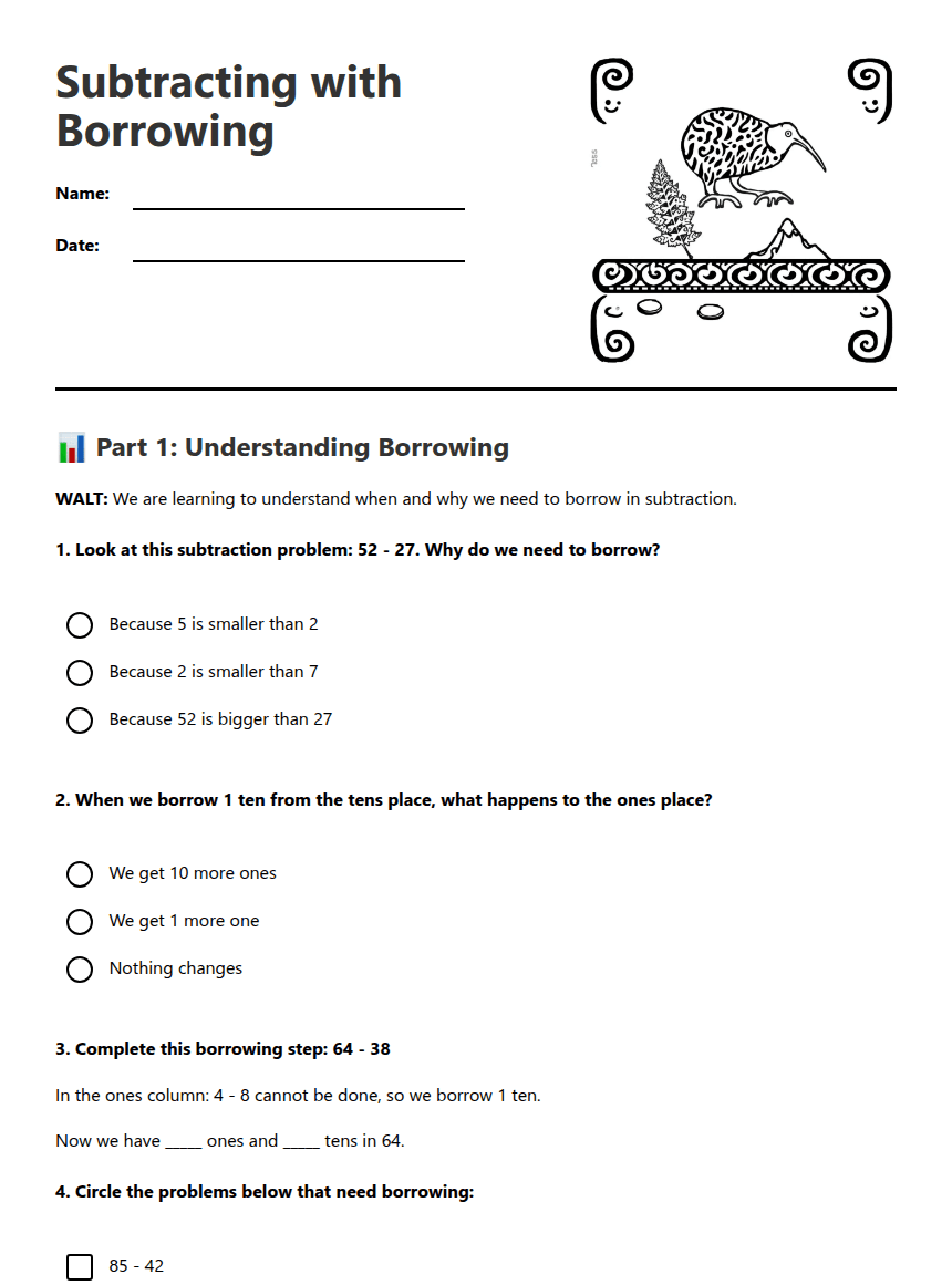 Subtracting with Borrowing worksheet preview