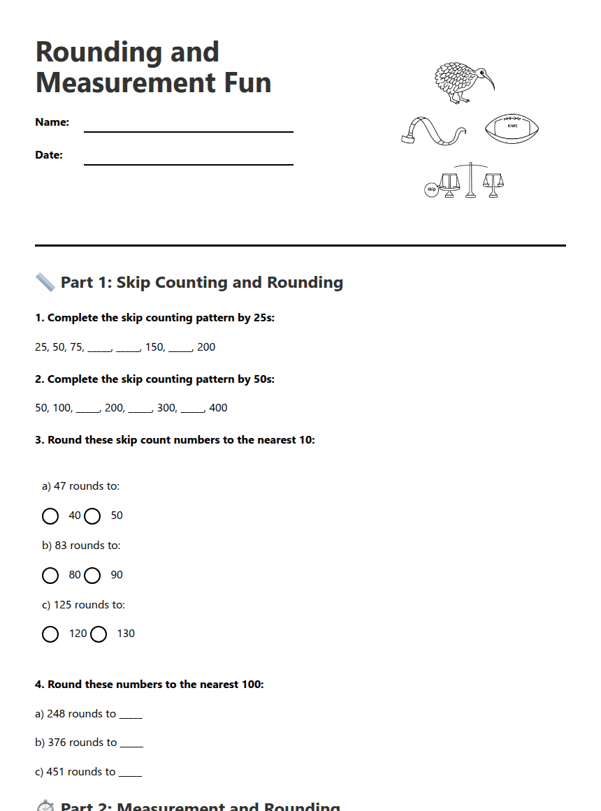 Rounding and Measurement Fun worksheet preview