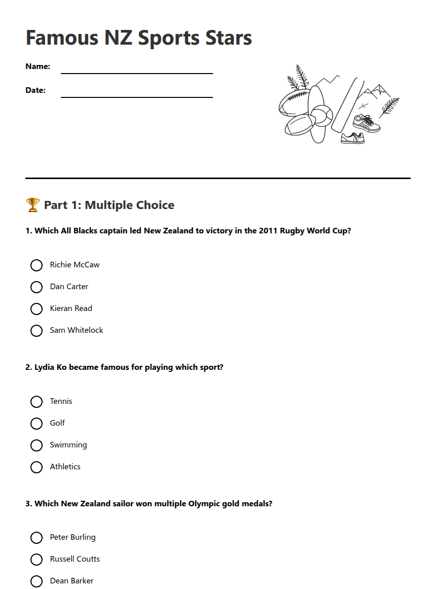 Famous NZ Sports Stars worksheet preview