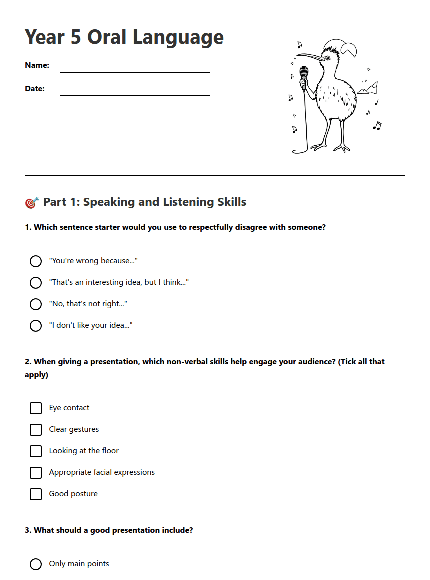Year 5 Oral Language worksheet preview
