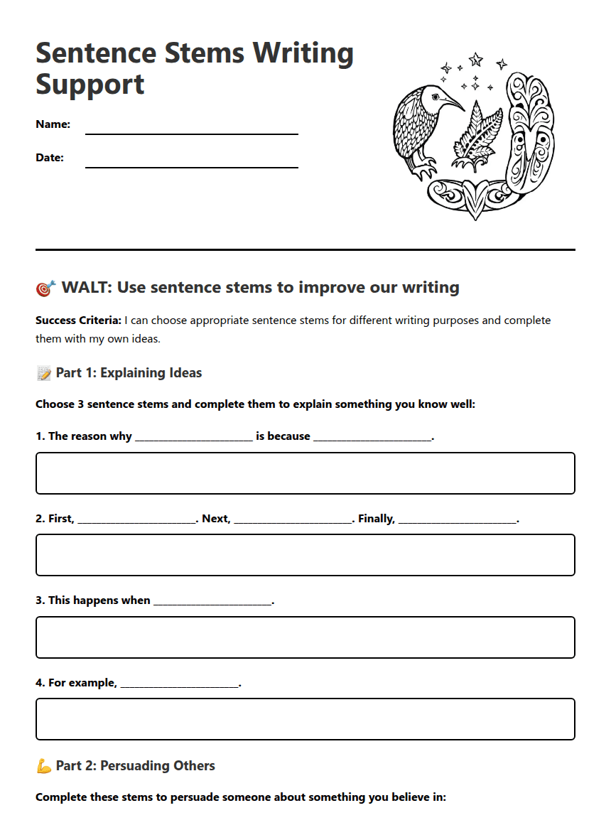 Sentence Stems Writing Support worksheet preview
