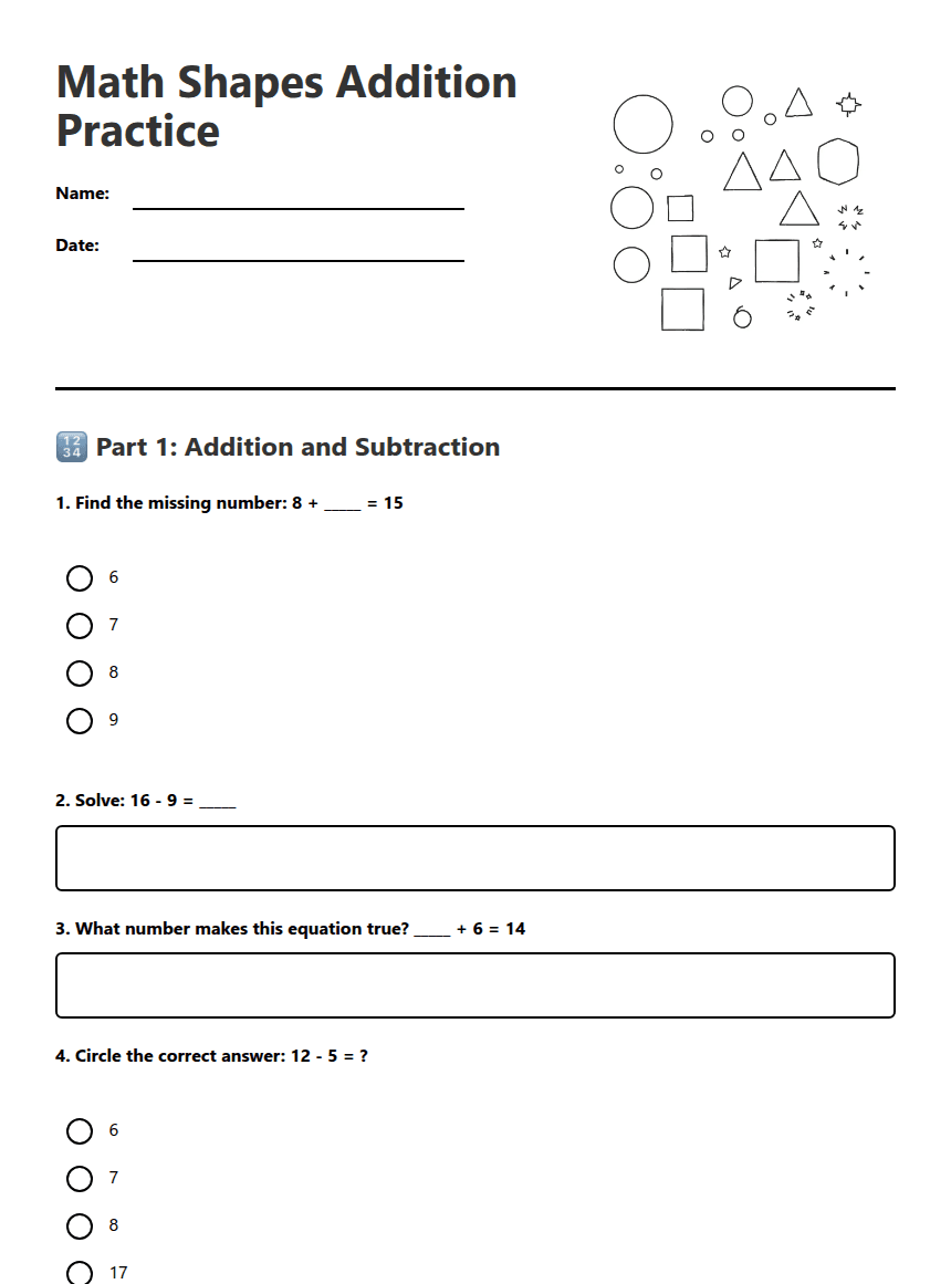Math Shapes Addition Practice worksheet preview