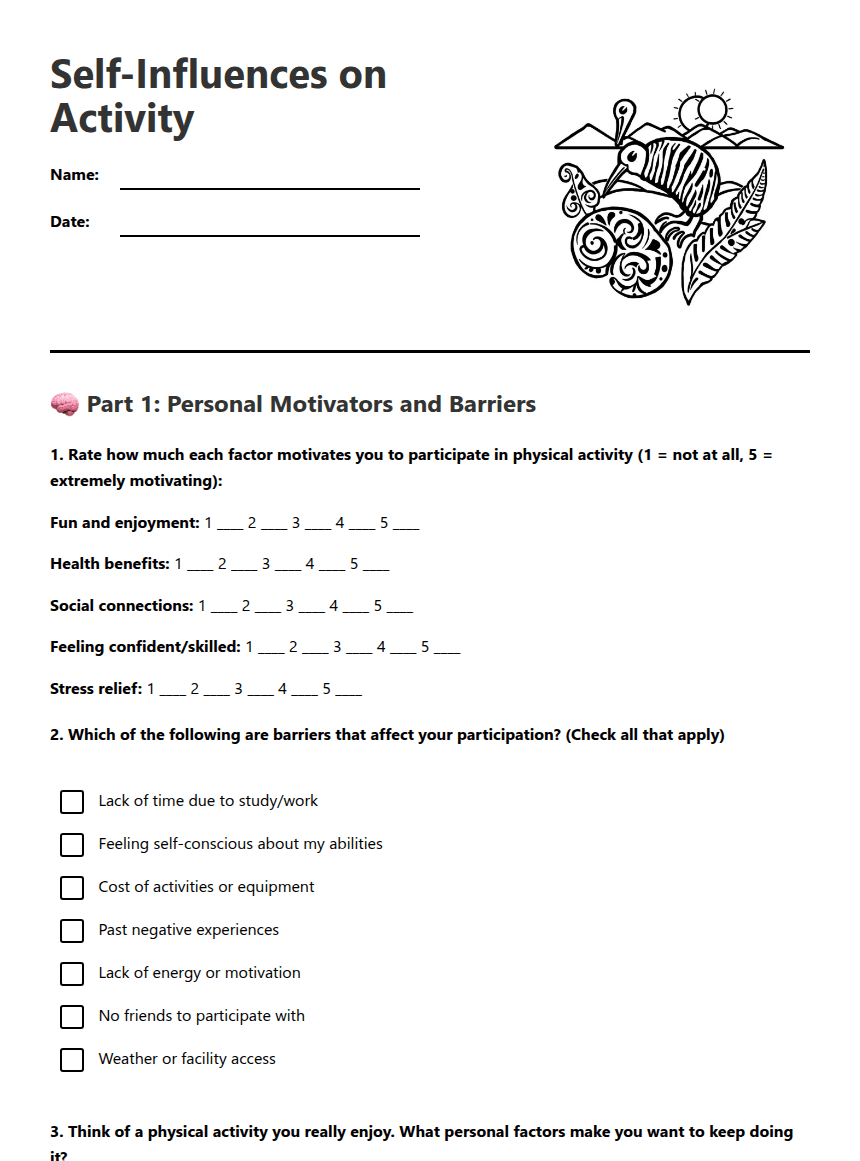 Self-Influences on Activity worksheet preview