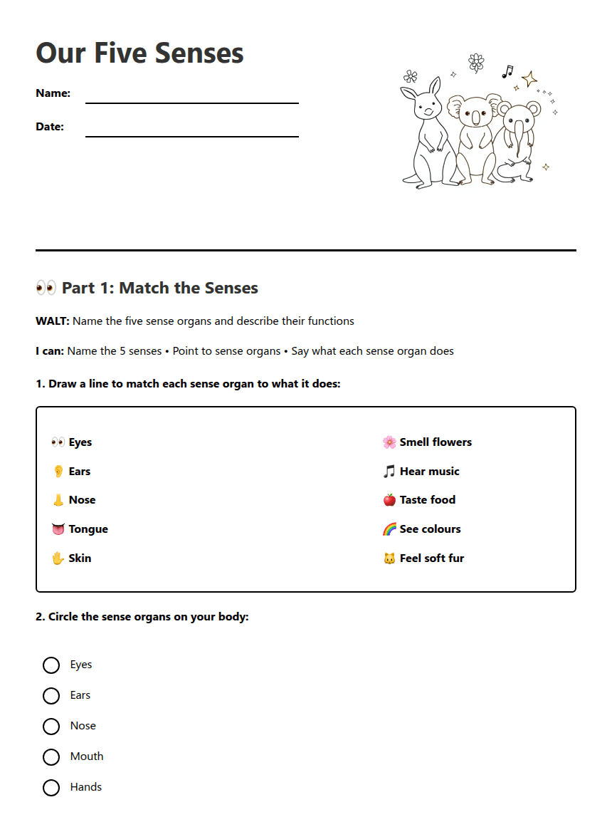 Our Five Senses worksheet preview