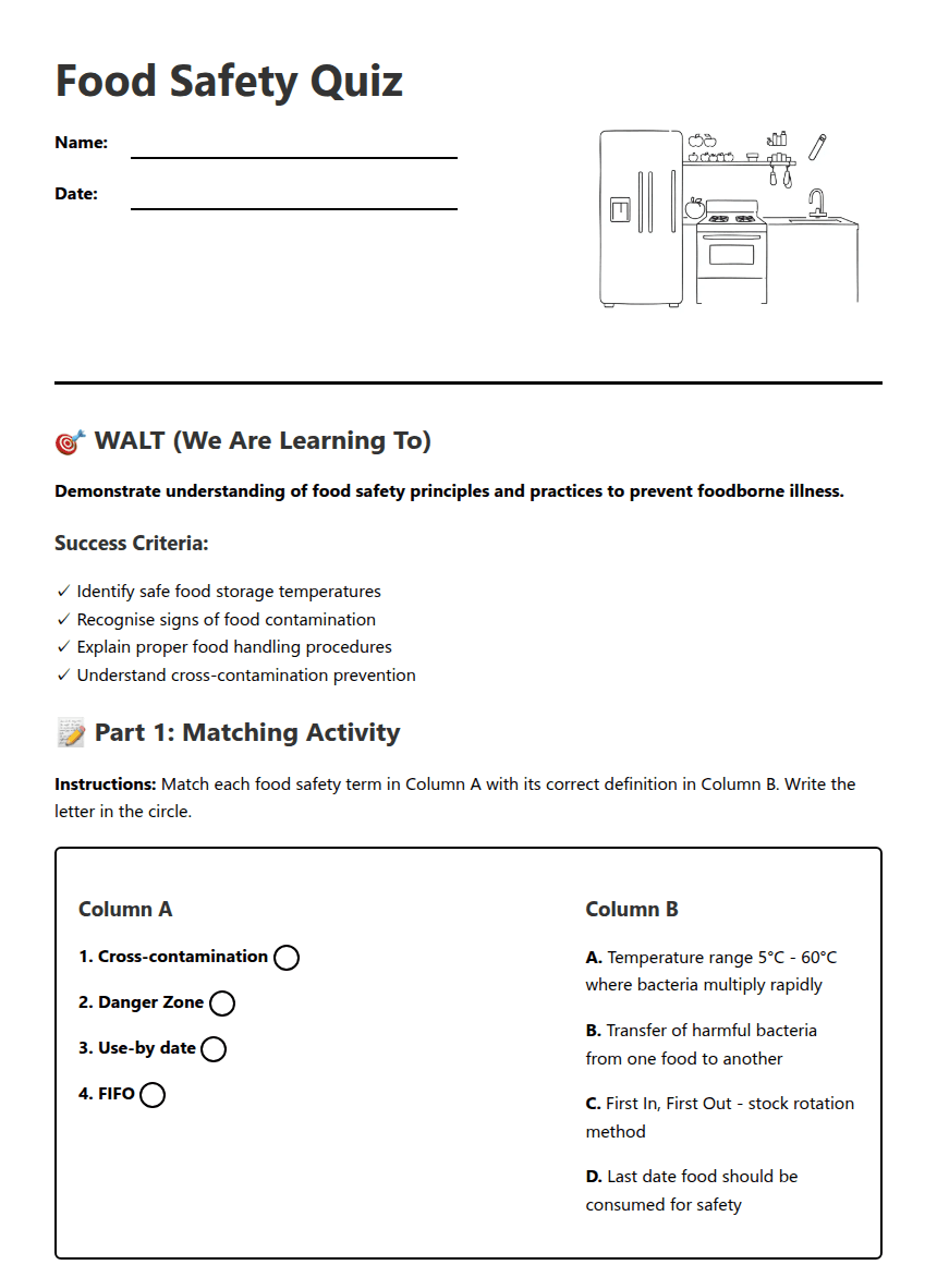 Food Safety Quiz worksheet preview