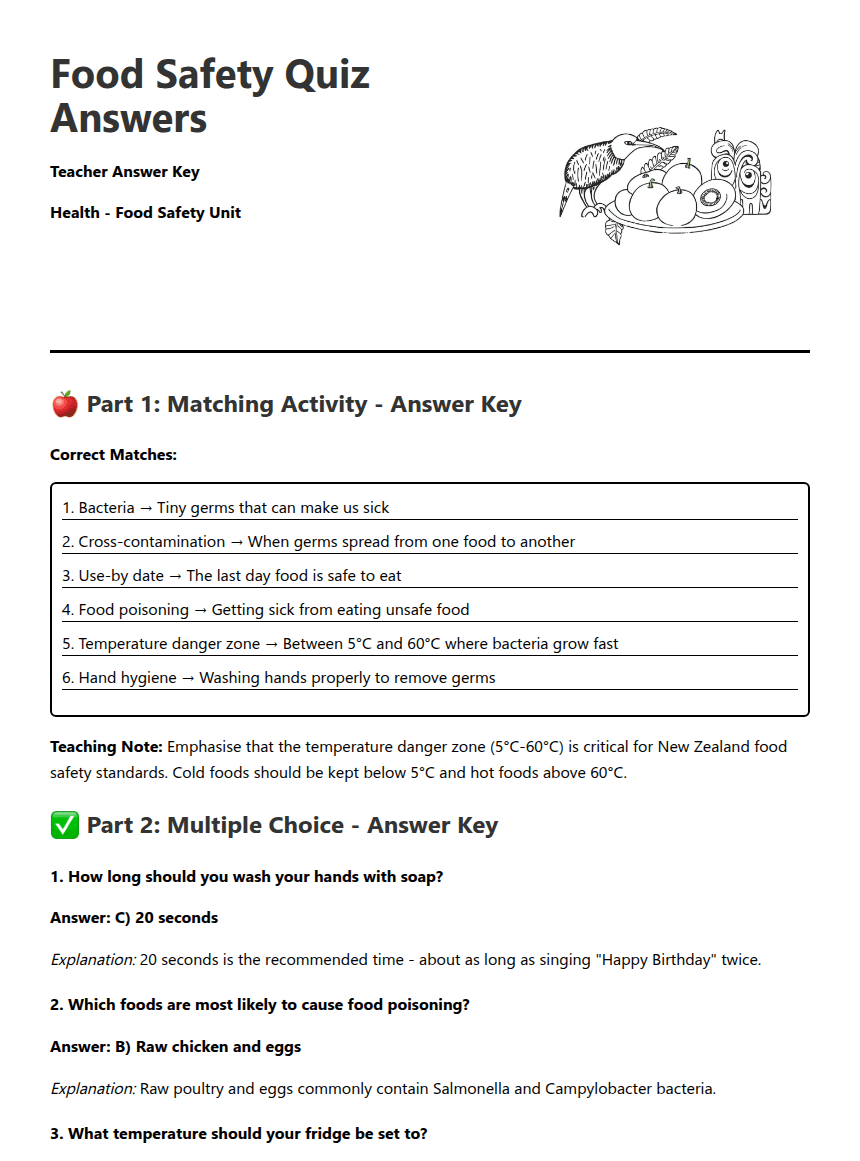 Food Safety Quiz Answers worksheet preview