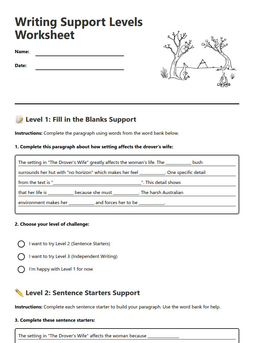 Writing Support Levels Worksheet worksheet preview