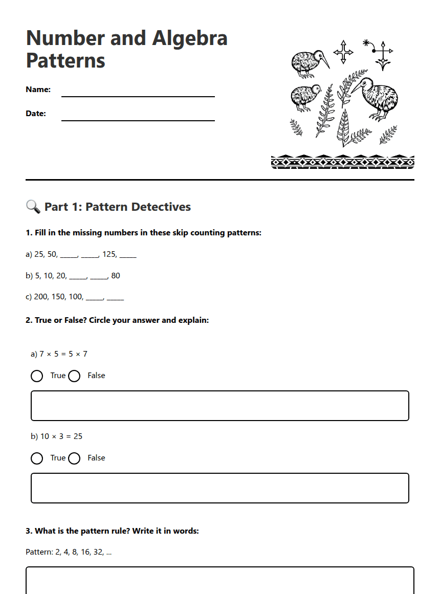 Number and Algebra Patterns worksheet preview