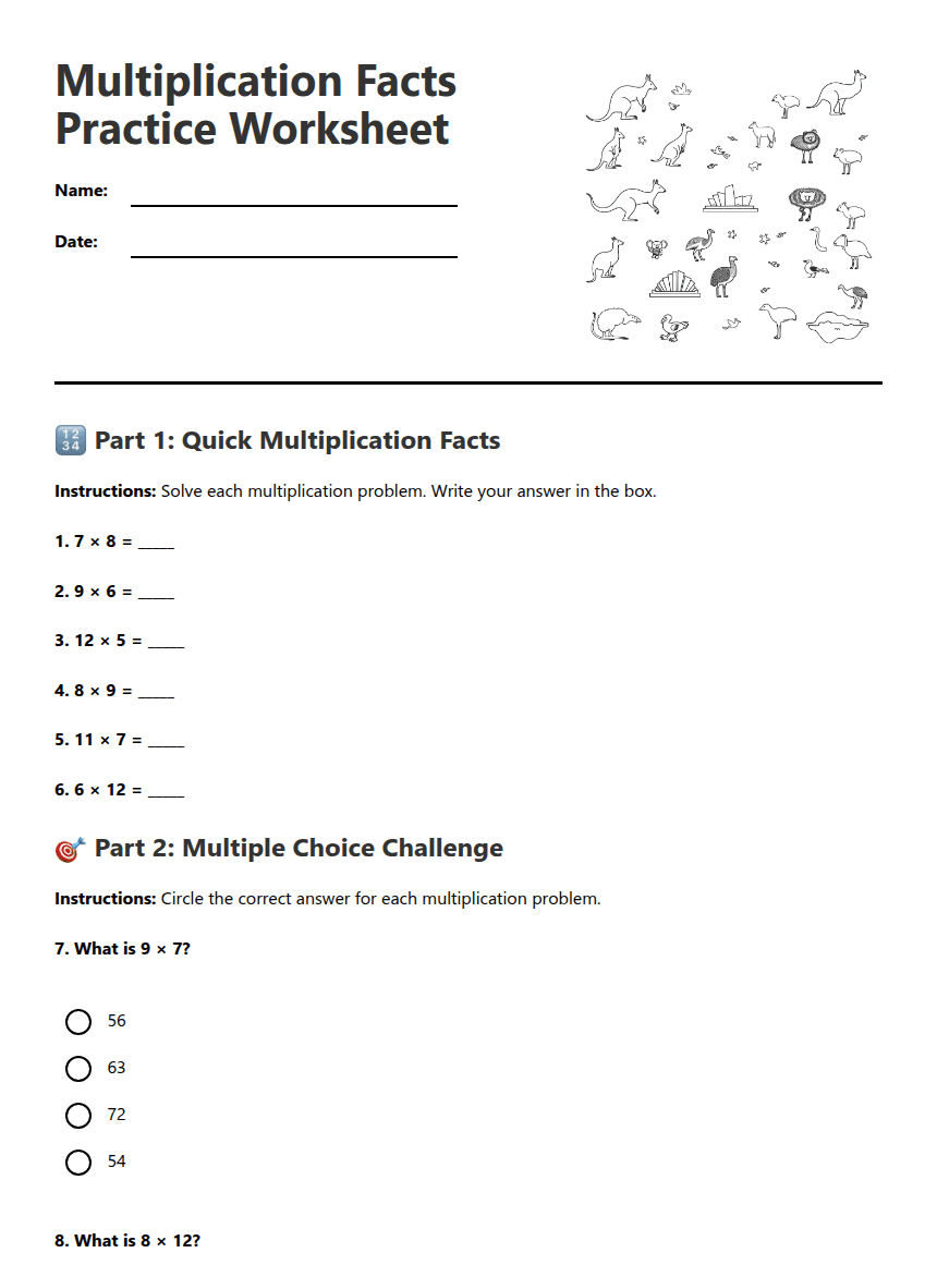 Multiplication Facts Practice Worksheet worksheet preview