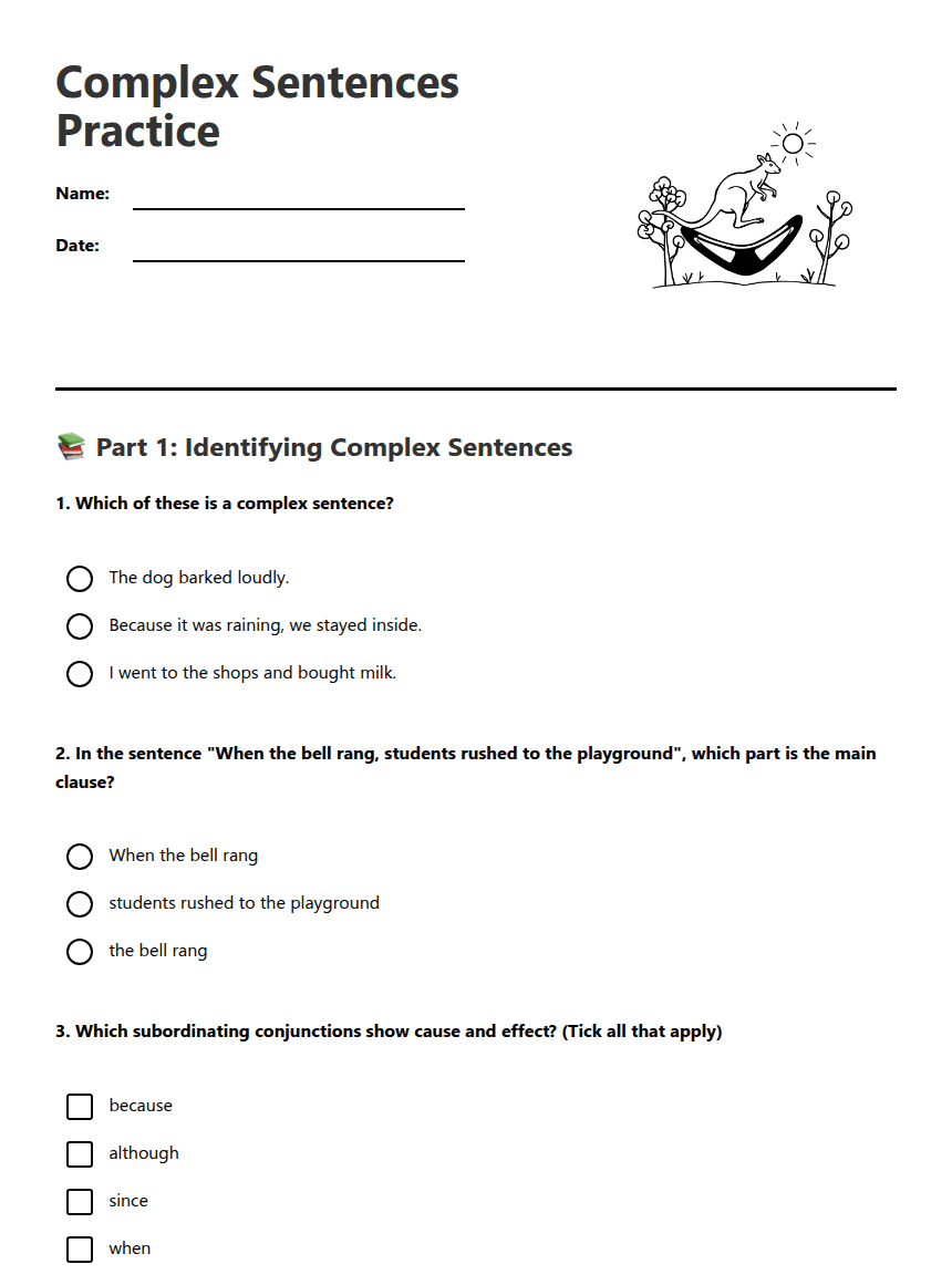 Complex Sentences Practice worksheet preview