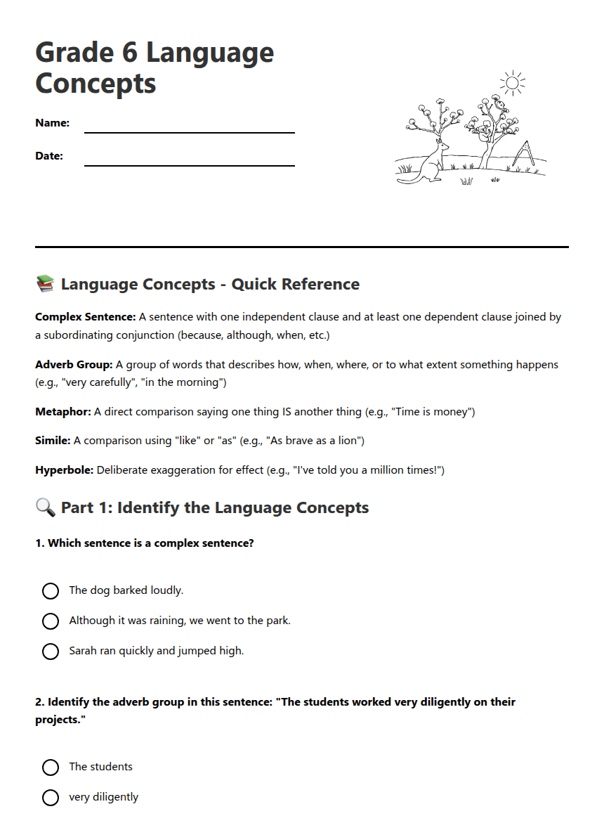 Grade 6 Language Concepts worksheet preview
