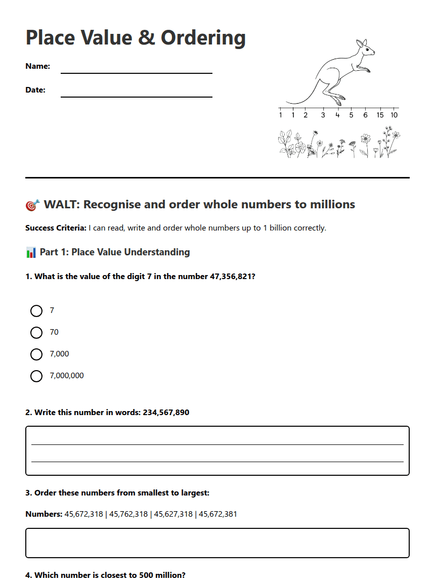 Place Value & Ordering worksheet preview