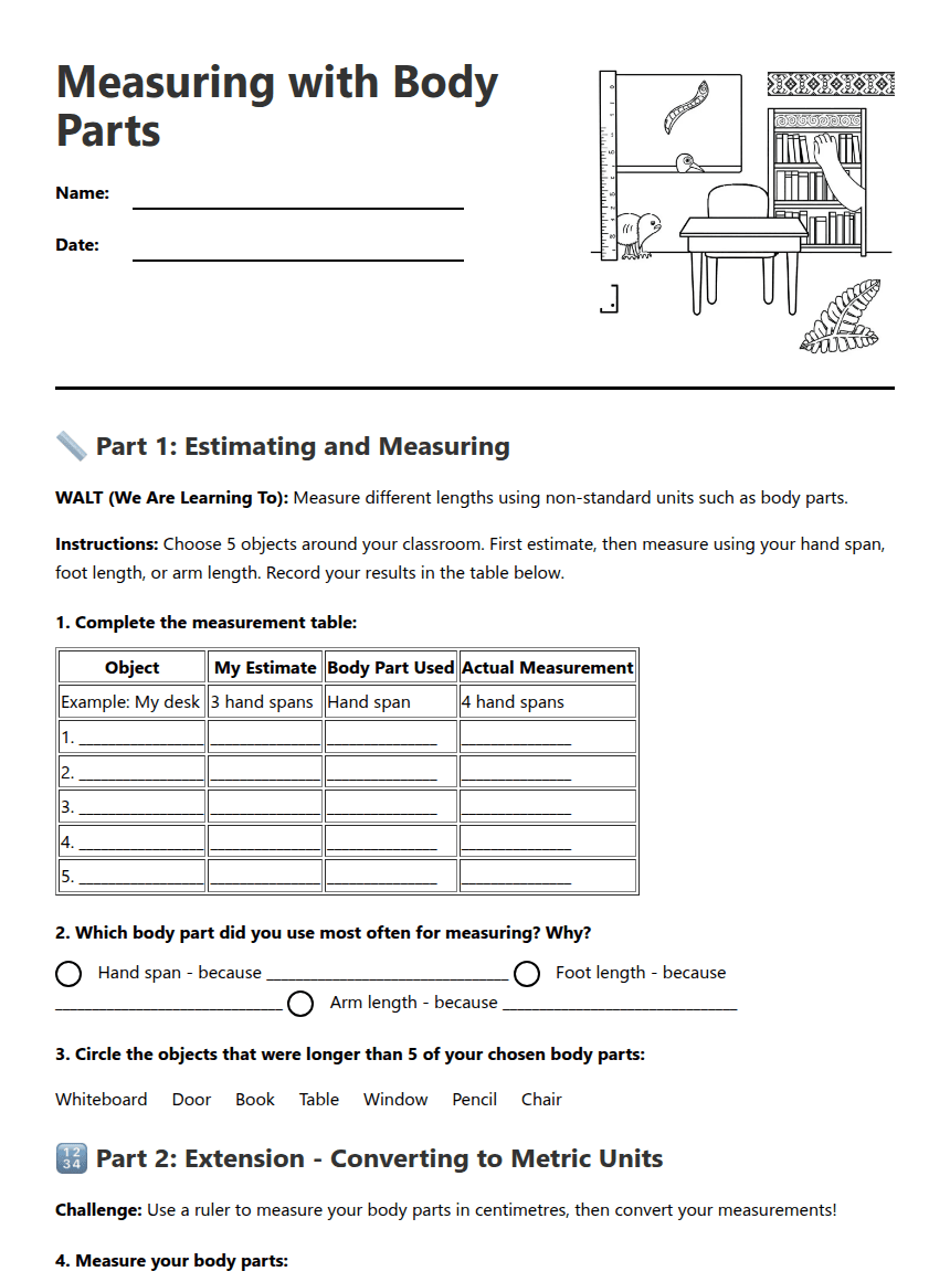 Measuring with Body Parts worksheet preview