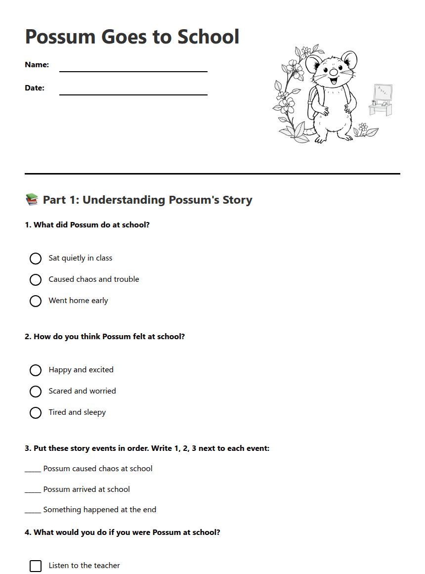 Possum Goes to School worksheet preview