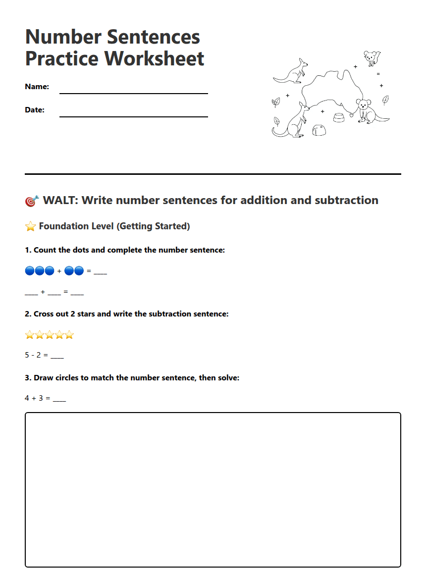 Number Sentences Practice Worksheet worksheet preview
