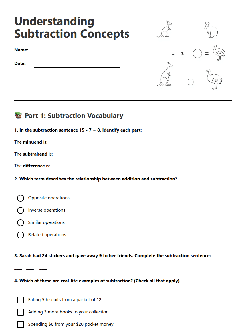 Understanding Subtraction Concepts worksheet preview