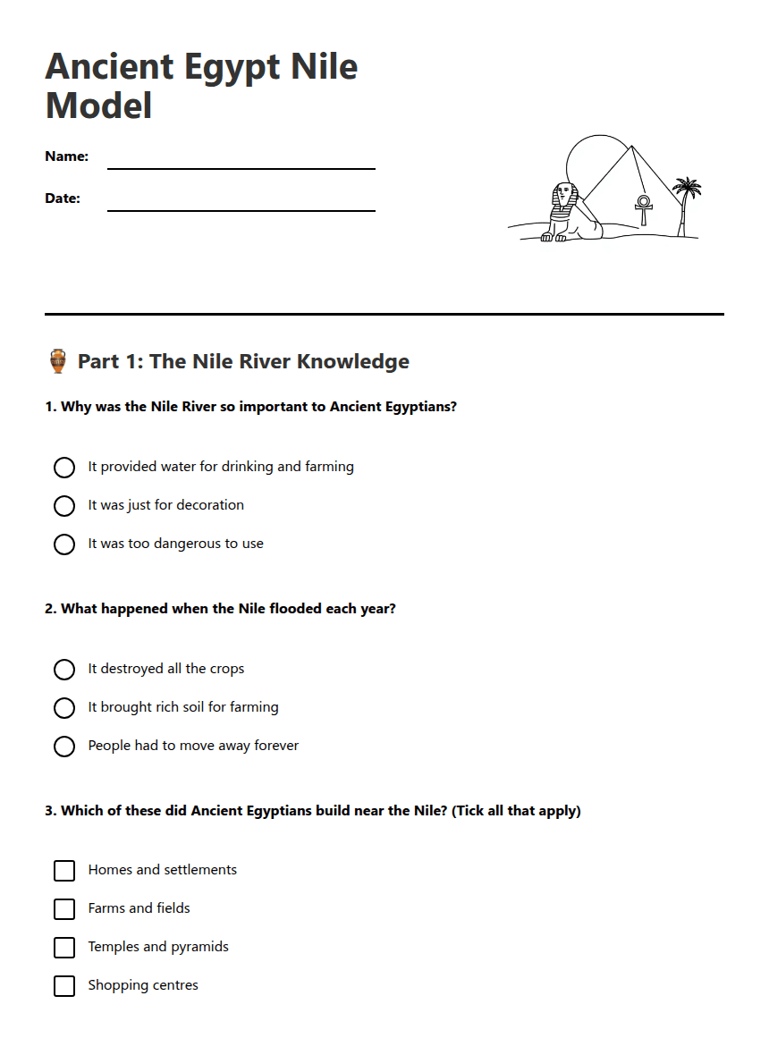 Ancient Egypt Nile Model worksheet preview