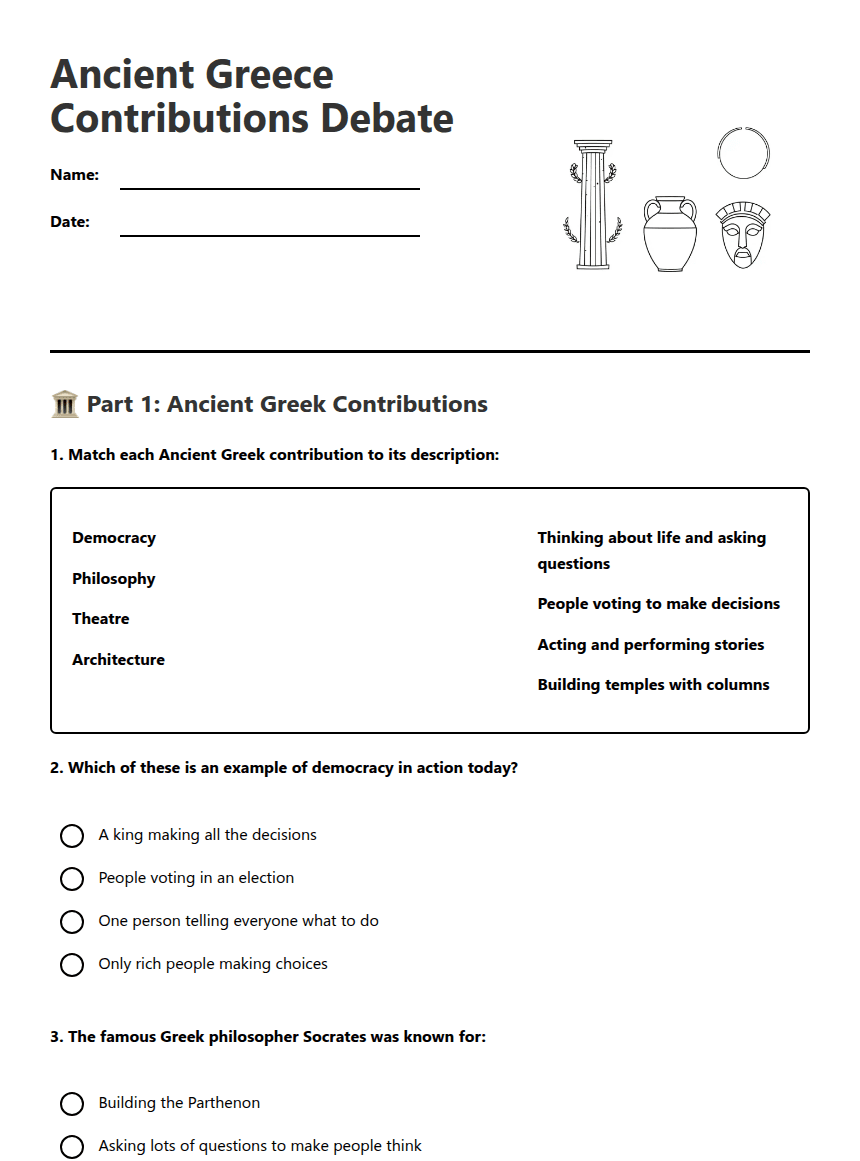 Ancient Greece Contributions Debate worksheet preview