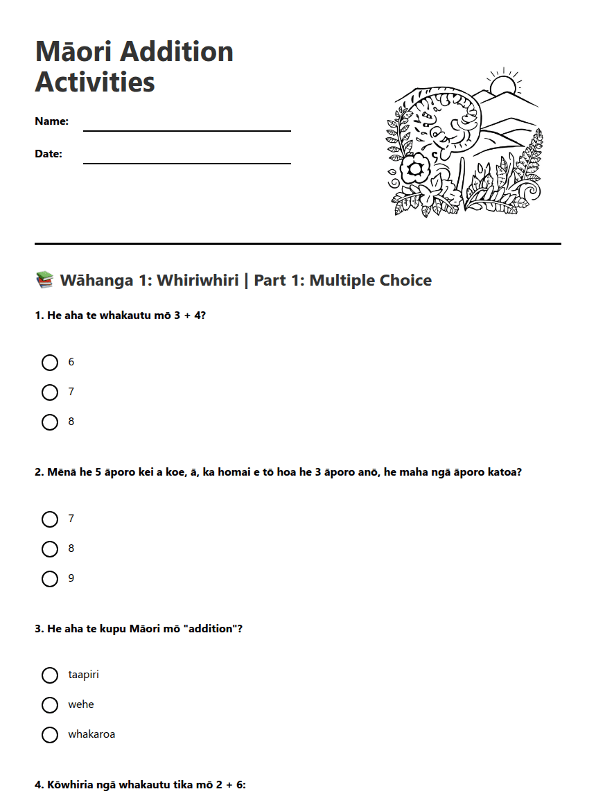 Māori Addition Activities worksheet preview
