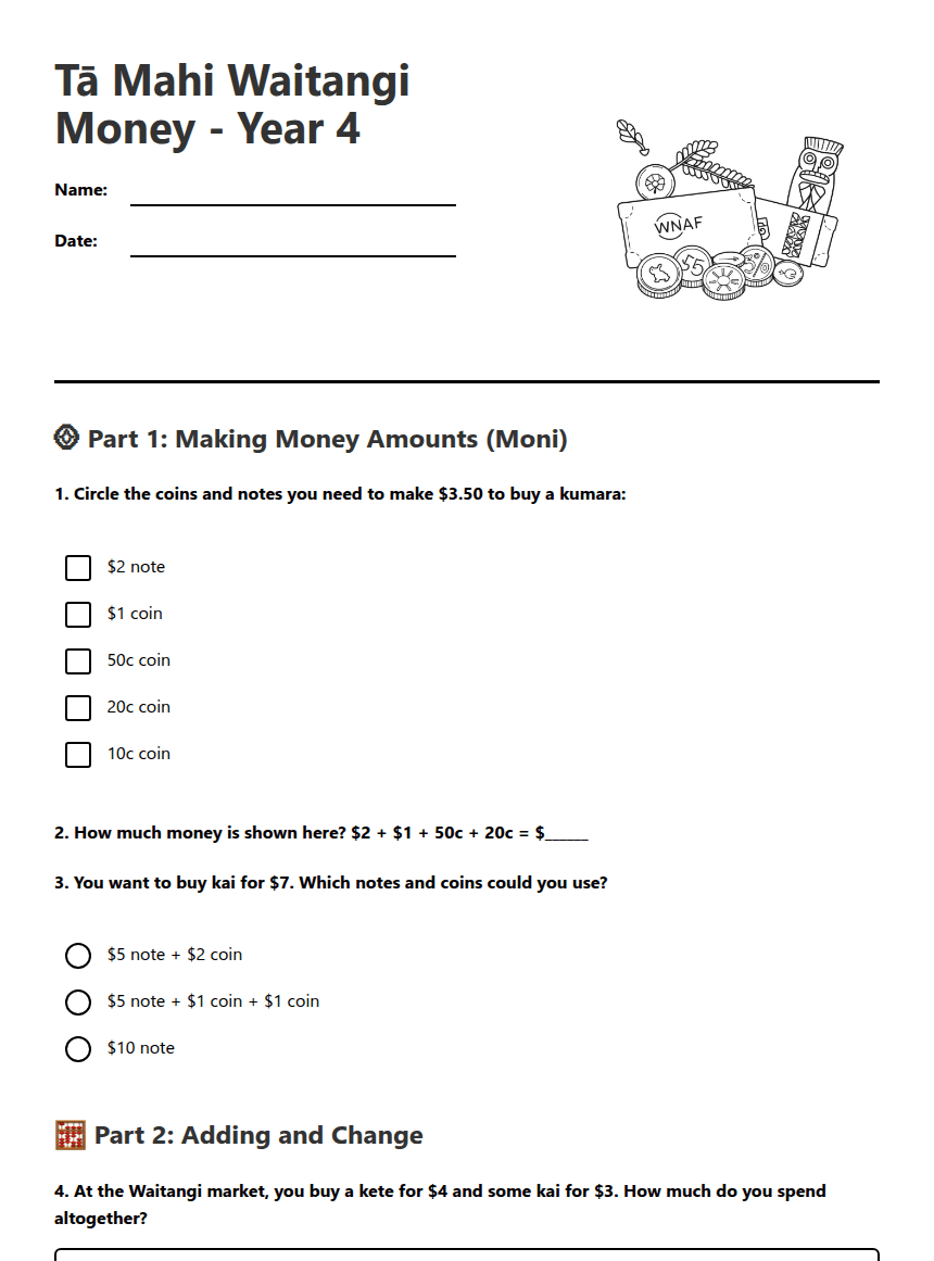 Tā Mahi Waitangi Money worksheet preview