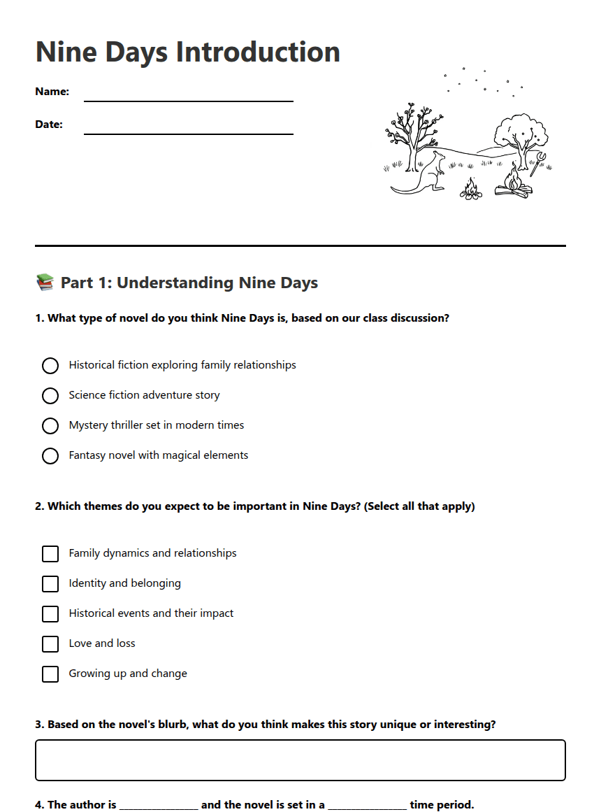 Nine Days Introduction worksheet preview