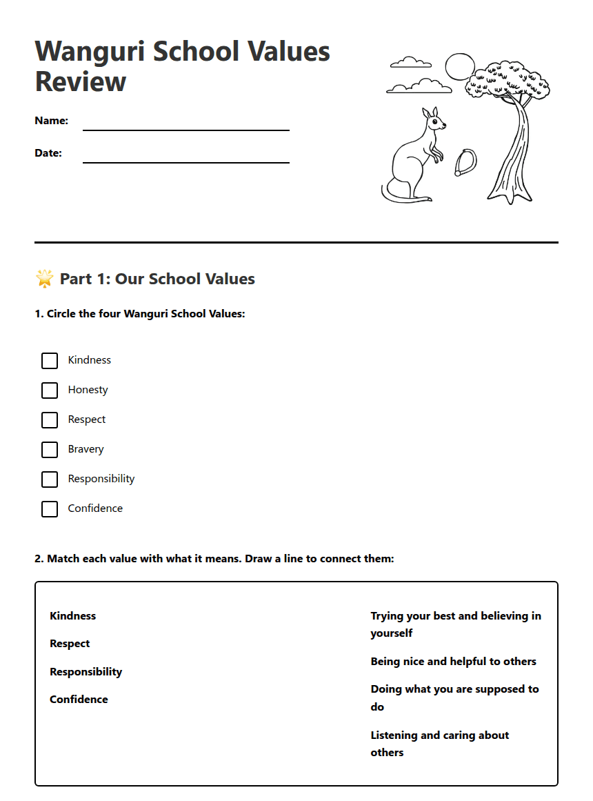 Wanguri School Values Review worksheet preview
