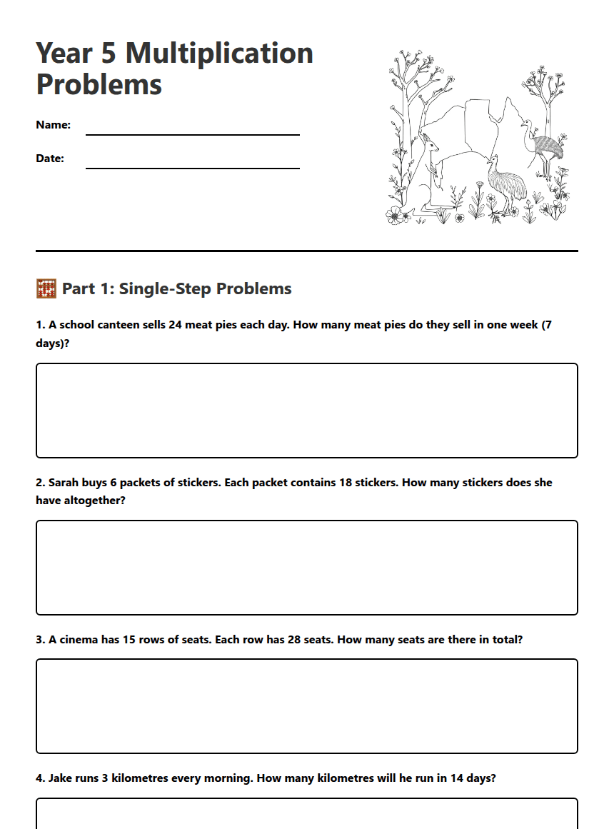 Year 5 Multiplication Problems worksheet preview