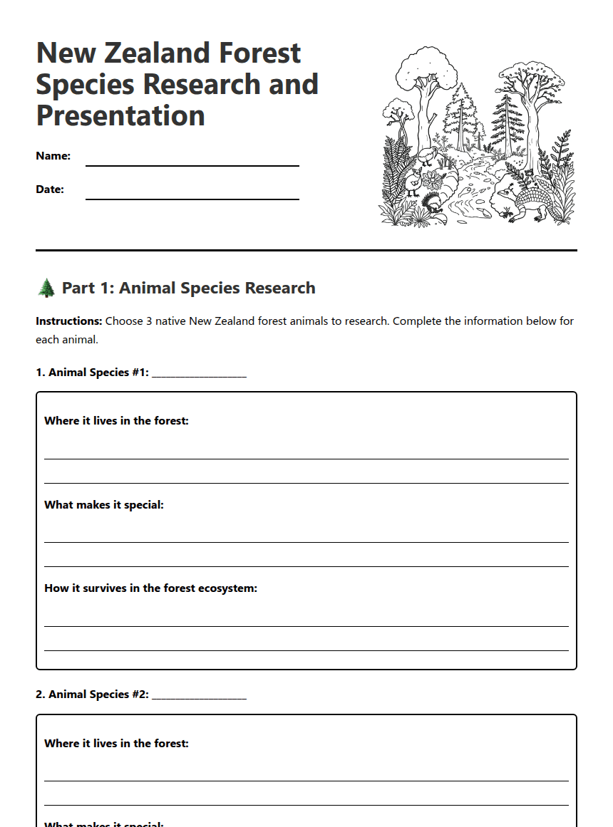 New Zealand Forest Species worksheet preview