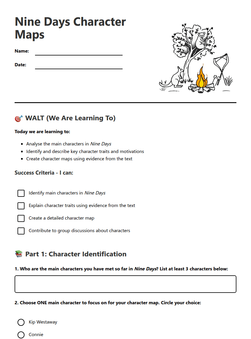 Nine Days Character Maps worksheet preview