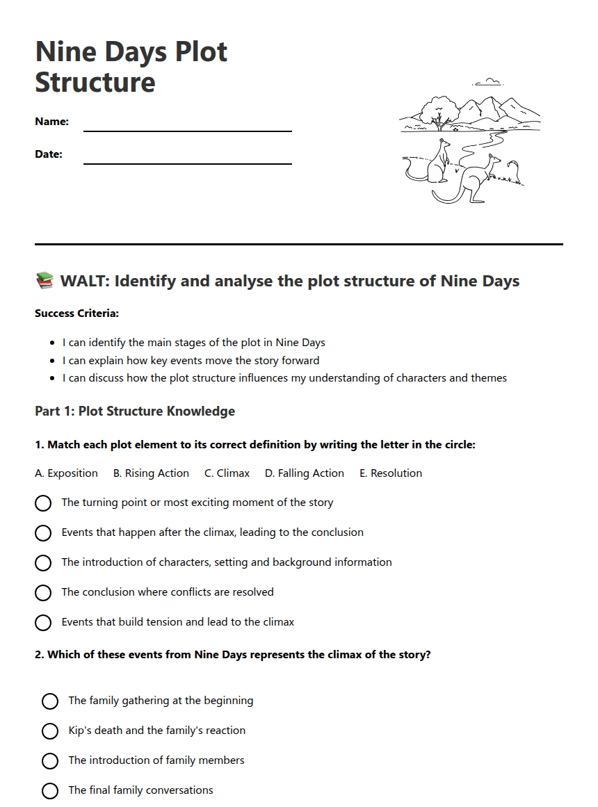 Nine Days Plot Structure worksheet preview