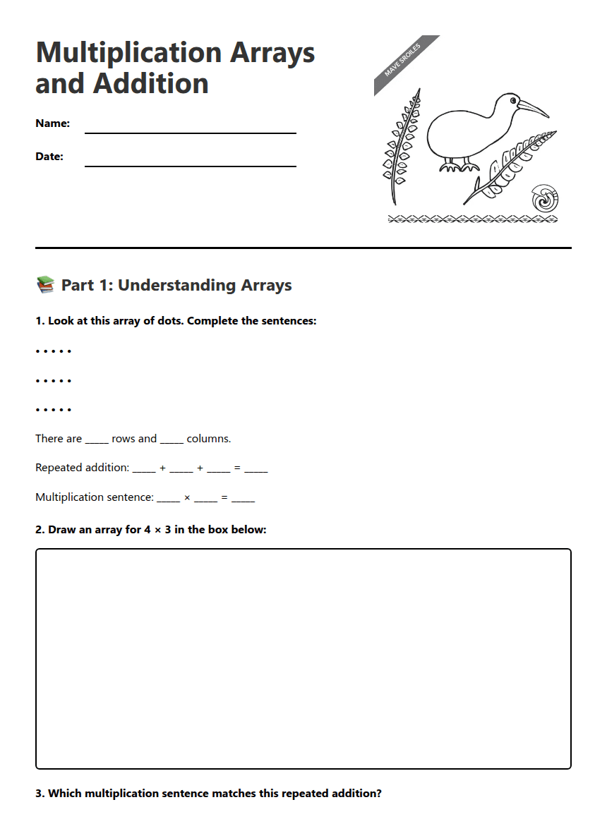 Multiplication Arrays and Addition worksheet preview