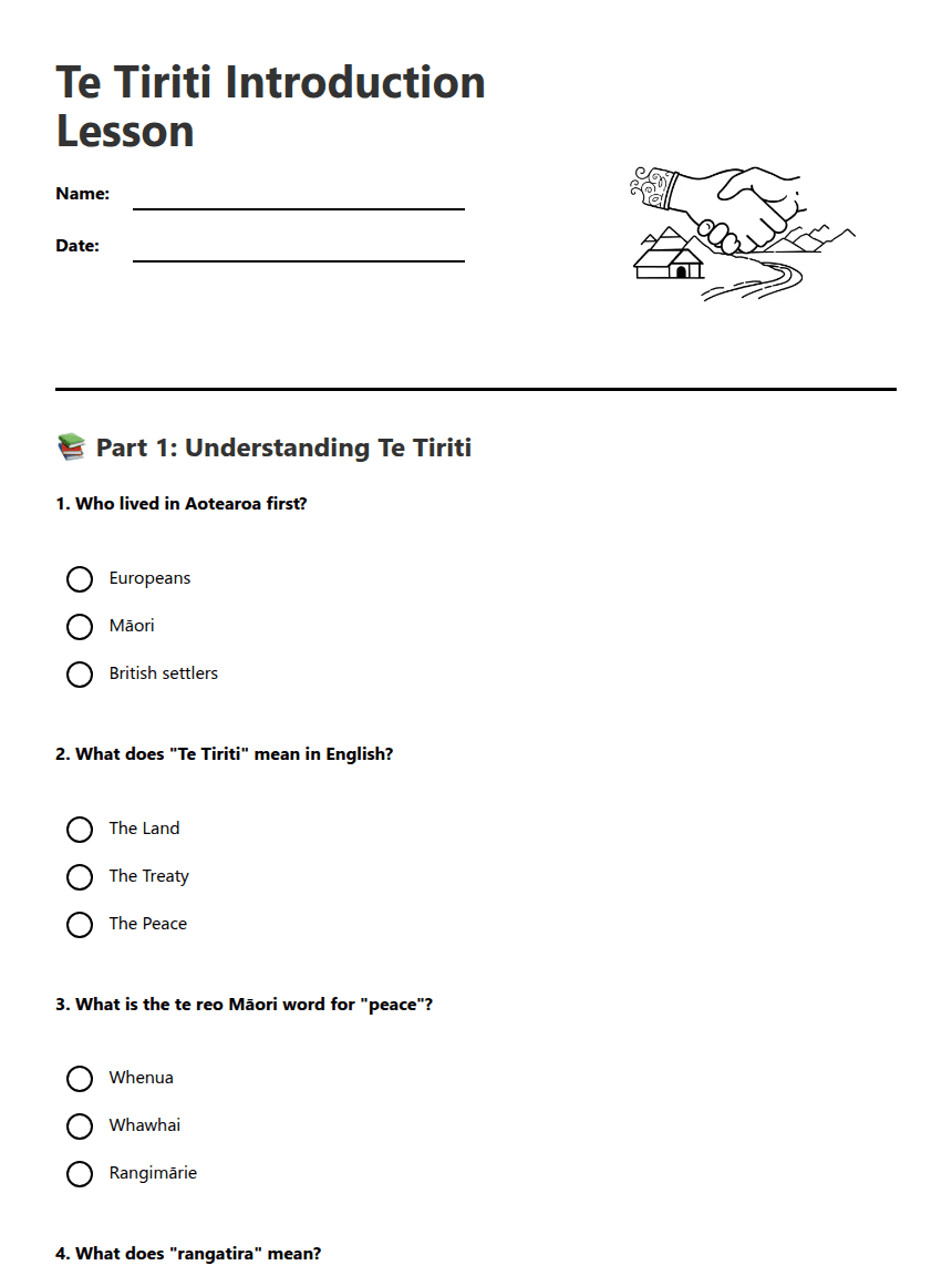Te Tiriti Introduction Lesson worksheet preview