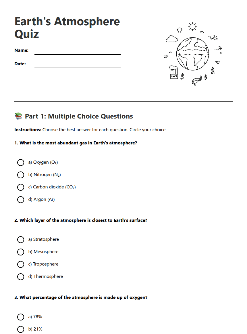 Earth's Atmosphere Quiz worksheet preview